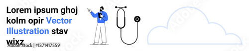 Person presenting with stethoscope and cloud as metaphors for digital tools and medical advancements. Ideal for healthcare, technology, tutorials, education, diagnostics, innovation, simple landing