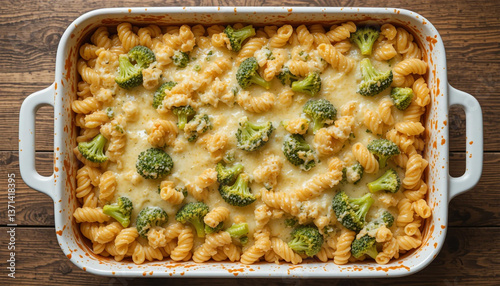 Creamy cheesy pasta bake topped with vibrant broccoli florets, a comforting and delicious home-style meal in a rustic white baking dish.
