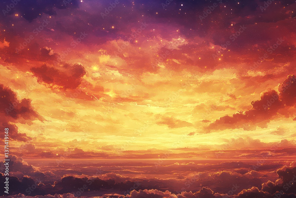 Fototapeta premium Fiery sunset over cloudscape, stars twinkling, atmospheric background, ideal for fantasy or romance