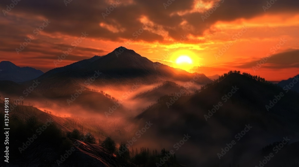 Breathtaking sunset over misty mountains with vibrant colors and dramatic clouds in the background Breathtaking sunset over misty mountains with vibrant colors and dramatic clouds in the background