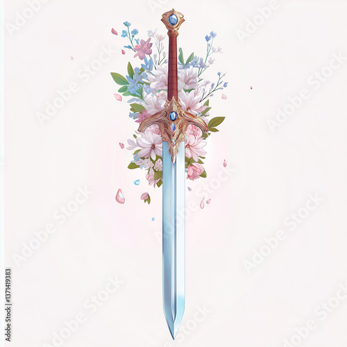 Beautiful fantasy sword decorated with flowers and petals falling down