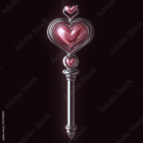 Silver key with pink hearts unlocking love and romance on valentine's day
