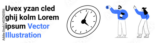 Large clock and two people collaborating on tasks, representing time tracking, productivity, or management. Ideal for business, teamwork, organization, scheduling, deadlines education simple