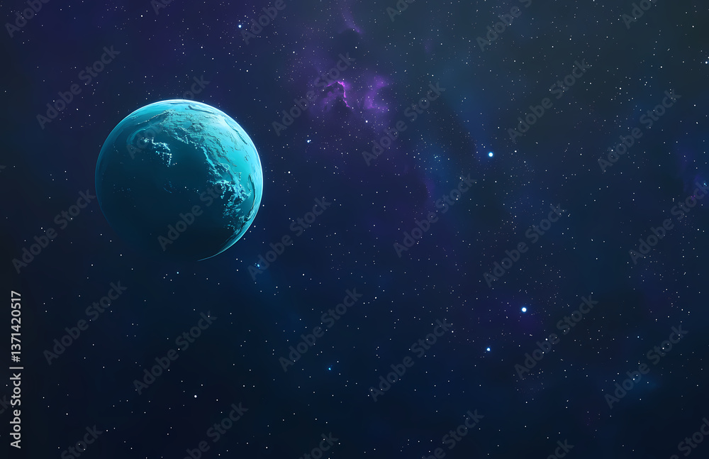 Obraz premium Celestial Enigma: A turquoise planet poised serenely amidst a cosmic tapestry of swirling nebulae and twinkling stars, inviting contemplation of the vast universe and its mysteries.