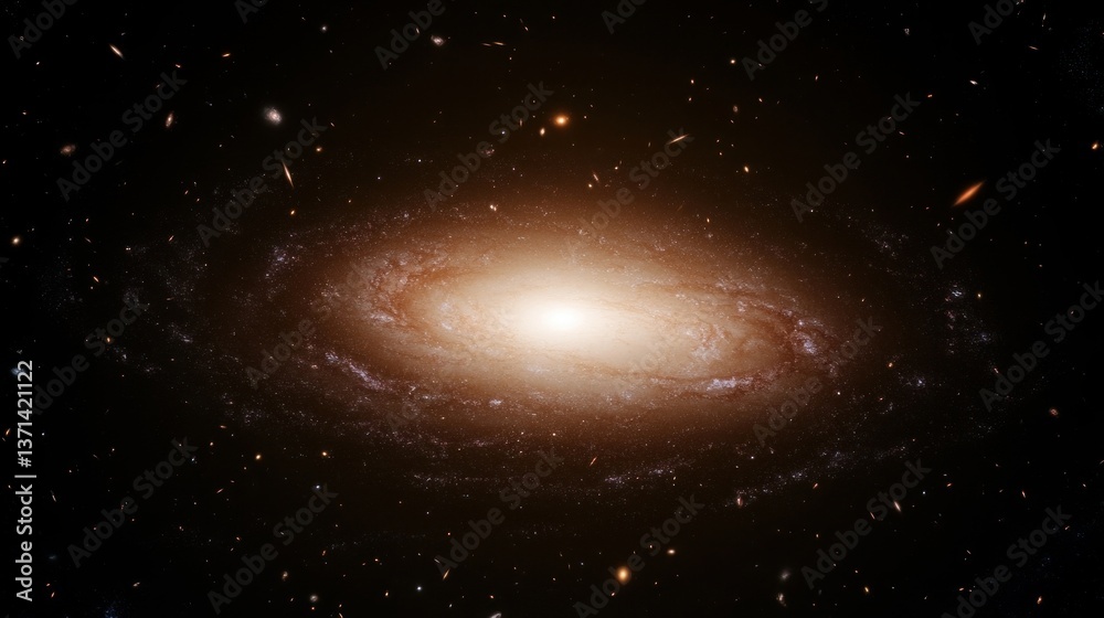Naklejka premium A spiral galaxy with a bright core, surrounded by swirling arms and stars, set against a dark backdrop with distant galaxies scattered around