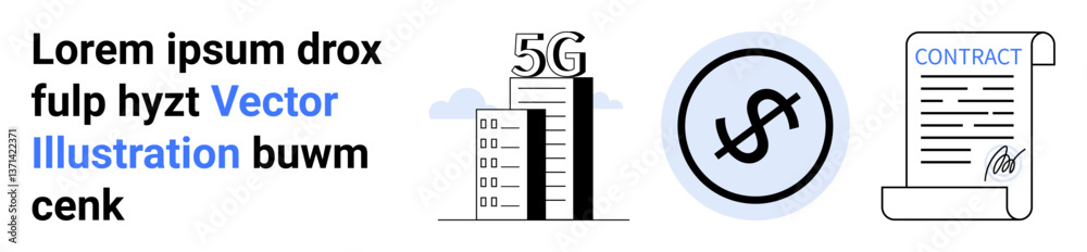 Skyscraper with 5G, dollar coin, signed contract. Ideal for finance, business agreements, technology, wireless connectivity, telecommunications, economy or simple landing page Skyscraper with 5G, dollar coin, signed contract. Ideal for finance, business agreements, technology, wireless connectivity, telecommunications, economy or simple landing page