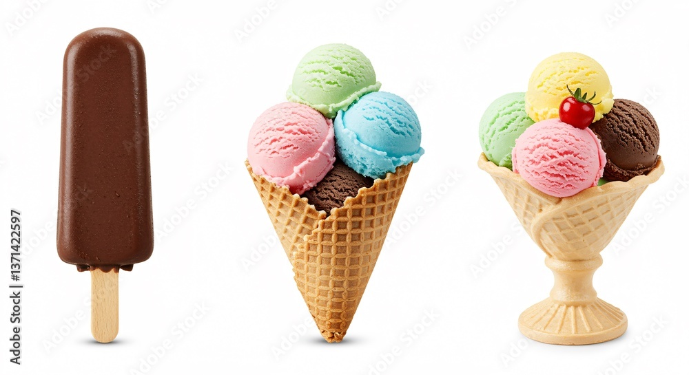 Delicious Ice Cream Trio: Popsicle, Cone, and Sundae Delicious Ice Cream Trio: Popsicle, Cone, and Sundae