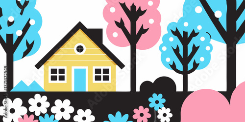 house with garden various flowers and trees colored stencil