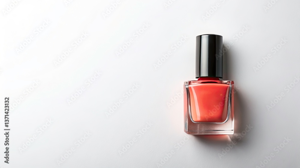 Modern Bird's Eye View of Nail Polish Bottle with Dutch Angle on Flat Lay White Background, Perfect for Copy Space Design Elements