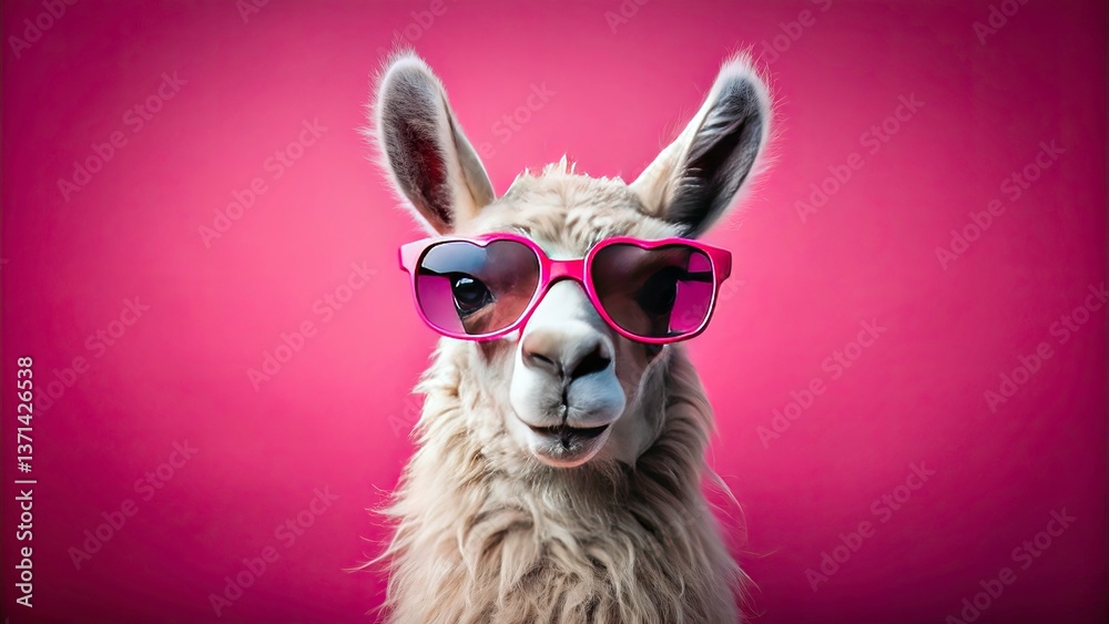 Fototapeta premium Pink Llama Sunglasses Minimalist Photography - Fun Animal Portrait
