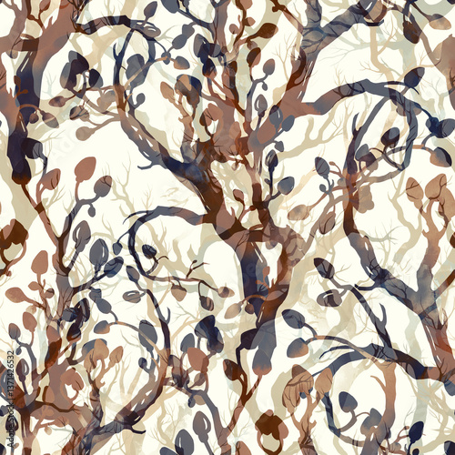 Stylized seamless pattern of abstract tree branches with watercolor texture and organic shapes. Dynamic lines and natural forms create a rhythmic forest-inspired composition.