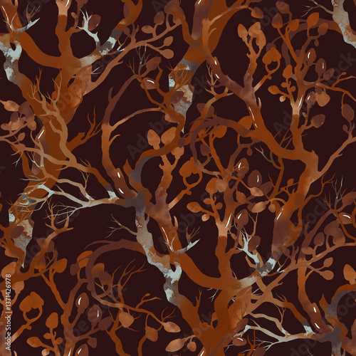 Stylized seamless pattern of abstract tree branches with watercolor texture and organic shapes. Dynamic lines and natural forms create a rhythmic forest-inspired composition.