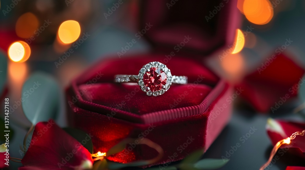 Engagement ring open velvet box with fairy lights and rose petals copy space on the right side Engagement ring open velvet box with fairy lights and rose petals copy space on the right side