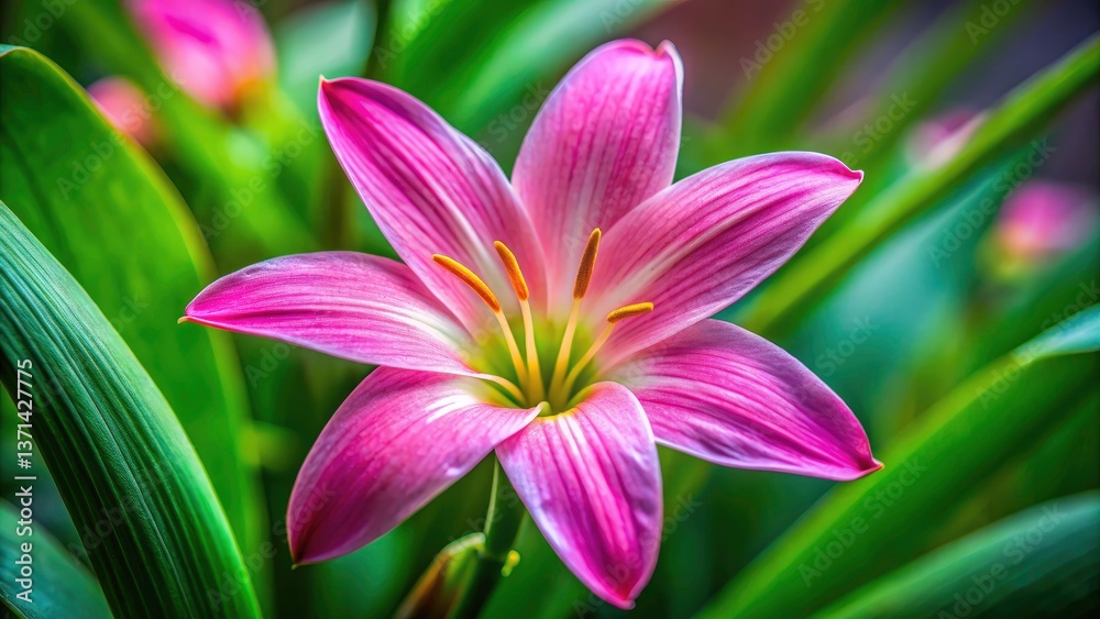 Fototapeta premium Cuban Zephyrlily Bloom, Rosy Rain Lily Petals, Pink Rain Lily Flower Photography, Close-up Macro Shot, Green Leaf Background
