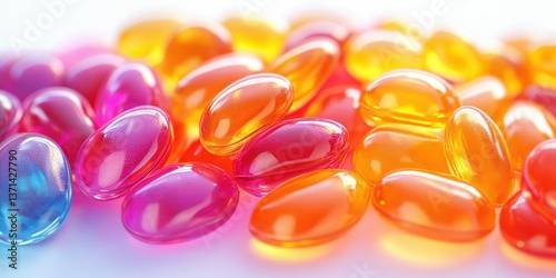 Colorful gelatin capsules arranged on a white surface with soft lighting creating a vibrant appearance photo
