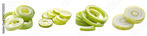 Sliced leek rings isolated on transparent background. PNG, Set of