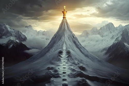 Illustration Of A Mountain Peak With A Cross Symbolizing Victory And Success