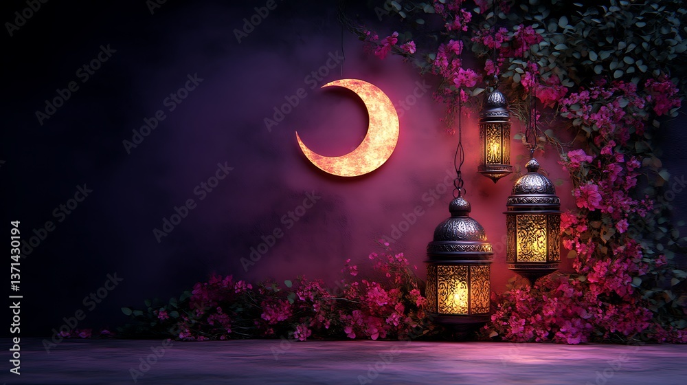Fototapeta premium The beautiful crescent moon and lanterns display lovely aesthetics at dusk