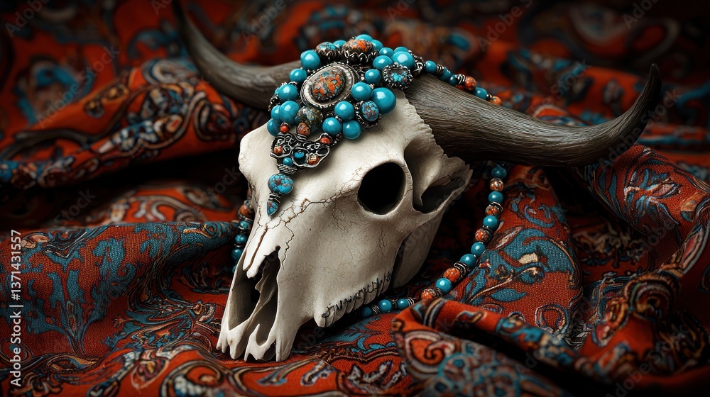 A beautifully adorned buffalo skull resting on an ornate fabric, showcasing intricate jewelry details