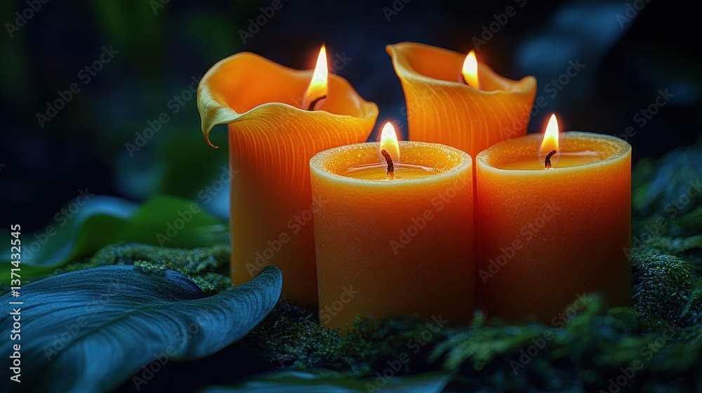 Four glowing orange candles surrounded by lush green foliage in a serene, tranquil setting
