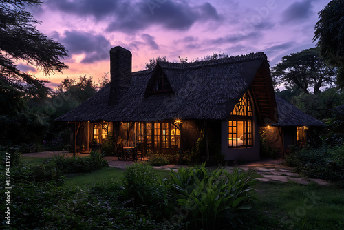 Rustic Woodland Cottage at Twilight with Warm Interior Lighting and Thatched Roof. Tranquil Nature Retreat Surrounded by Lush Greenery Under a Purple Evening Sky. Peaceful Getaway Cabin Amid Forest Se photo