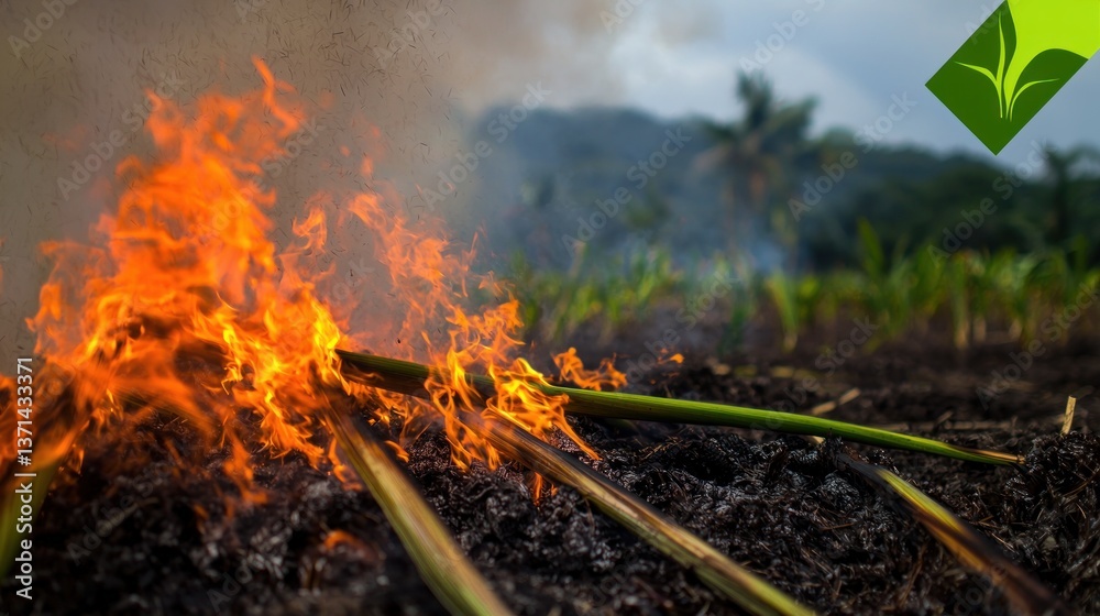 Fire consuming sugarcane stalks in a lush agricultural field with smoke rising in the background