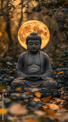 Buddha statue, autumn, moonlit forest