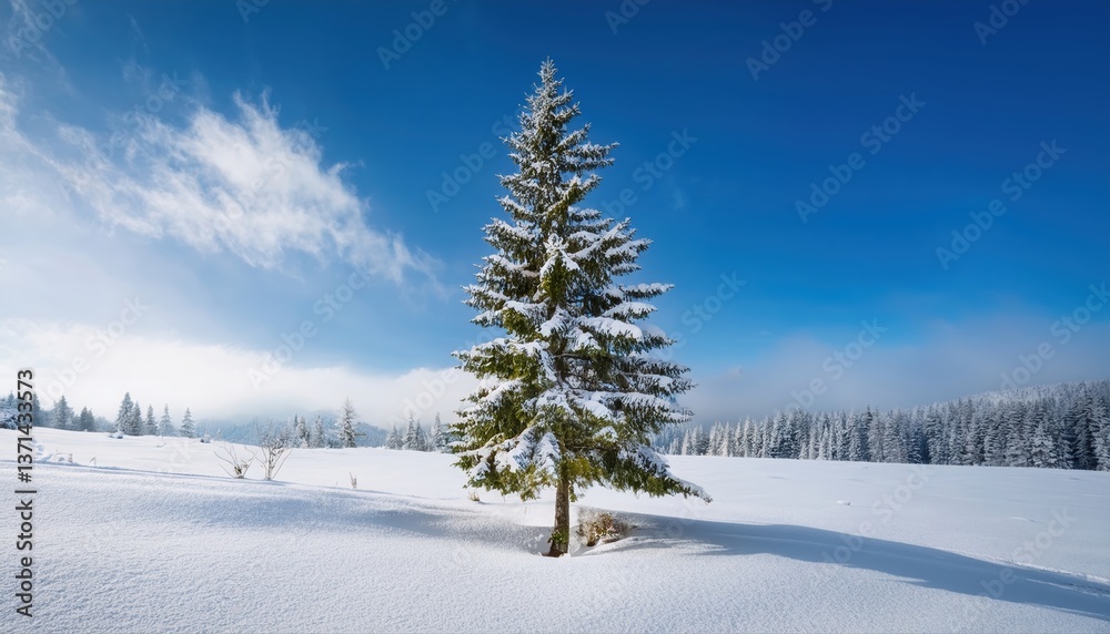 Obraz premium Tall evergreen tree standing firm in a snowy landscape symbolizing unwavering trust and strength