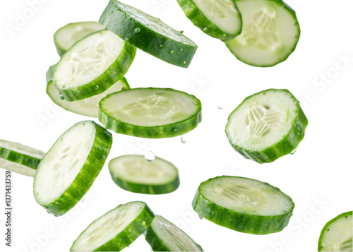 Falling Cucumber Slices – Fresh and Crisp on Transparent Background