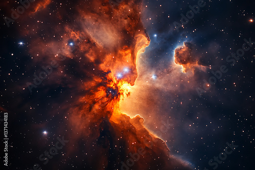 Explosive Nebula Cloud Formation in Deep Outer Space with Fiery Orange and Blue Galactic Gas. Cosmic Dust Swirl Illuminated by Distant Stars and Celestial Energy Bursts. Mystical Interstellar Landscap photo