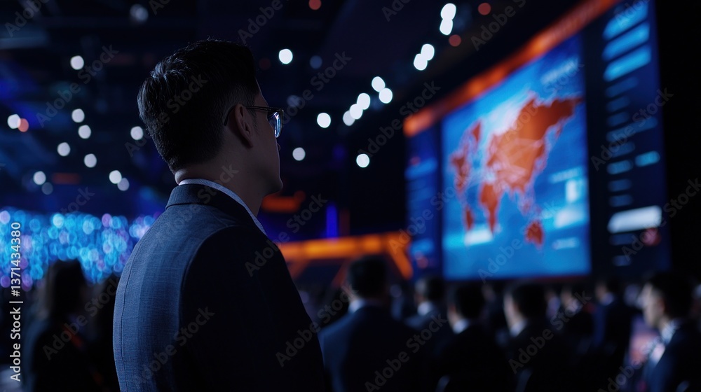 Business conference with audience observing a large screen displaying global data insights Business conference with audience observing a large screen displaying global data insights