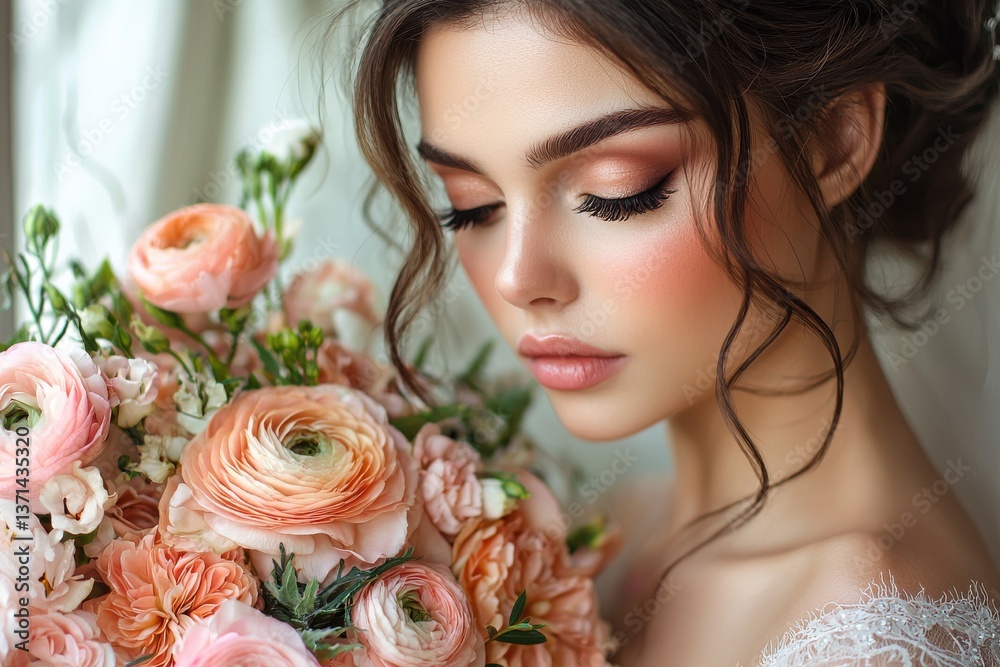 Obraz premium A woman with long dark hair and a floral bouquet in her hand