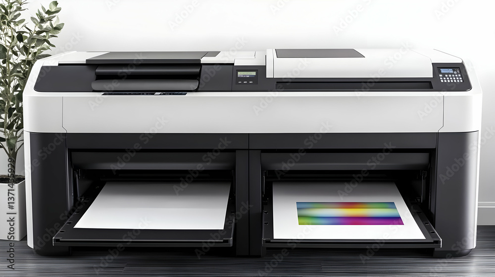 Photo of a Modern Printer With White Paper and Color Print Out on Desk