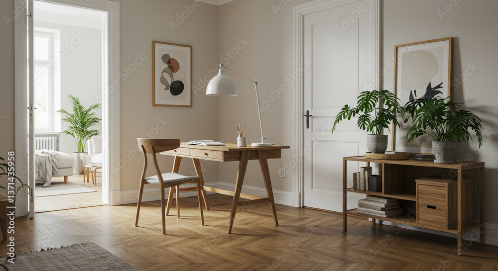 Fototapeta premium Luxury modern interior blends living and dining room style, featuring a wooden table with chairs under bright window light