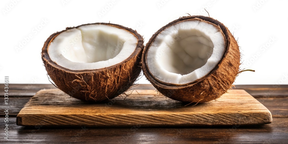 Two Coconuts on Wooden Plank - Dark Background High Depth of Field Photography Two Coconuts on Wooden Plank - Dark Background High Depth of Field Photography