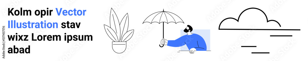 Naklejka premium Potted plant, individual with umbrella, abstract cloud design, and placeholder text. Ideal for nature, weather, protection, personal care wellness creativity eco themes. Perfect for flat landing