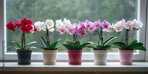Photo of Blooming Orchids in Pots on a Windowsill in a Variety of Colors