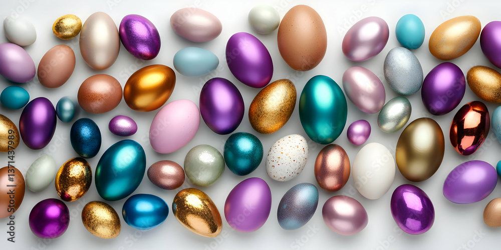 Photo of Assorted Easter Eggs with Metallic and Pastel Colors on White Background Photo of Assorted Easter Eggs with Metallic and Pastel Colors on White Background