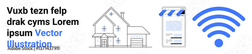 Modern house, smartphone with an app interface, and wireless signal icon. Ideal for technology, smart living, remote control, mobile apps, internet, home automation and simple landing page
