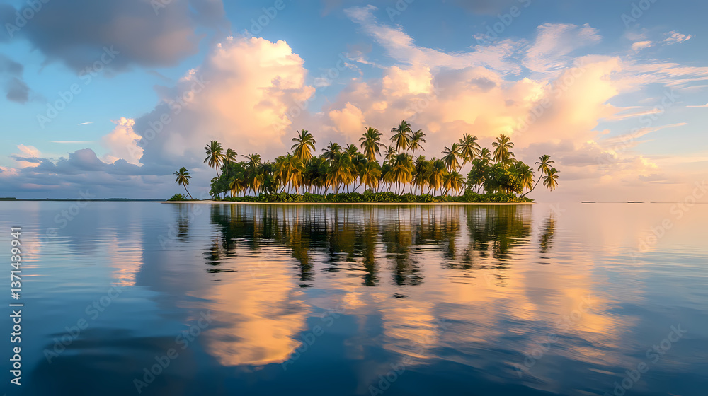 Fototapeta premium Island Paradise: A breathtaking shot of a remote island paradise, featuring lush green palm trees fringing a pristine shoreline, reflected perfectly in the crystal-clear water under a picturesque sky.
