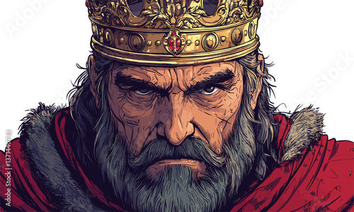 Majestic king with golden crown and red cloak - medieval royalty vector