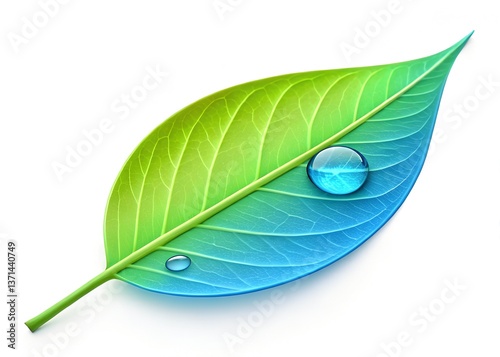 Water Drop on green leave isolated on white background, Water Drop on Colorful Leaf – High-Quality Macro Photo Isolated on White Background