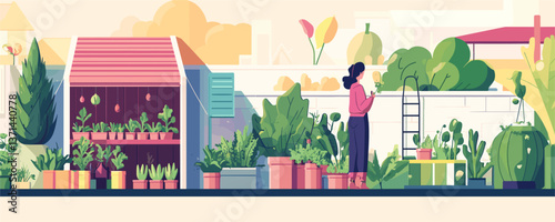 Urban rooftop gardening scene with woman tending plants, modern and lush vector