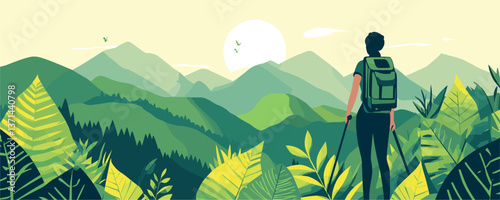 Hiker admiring lush mountain landscape at sunrise vector