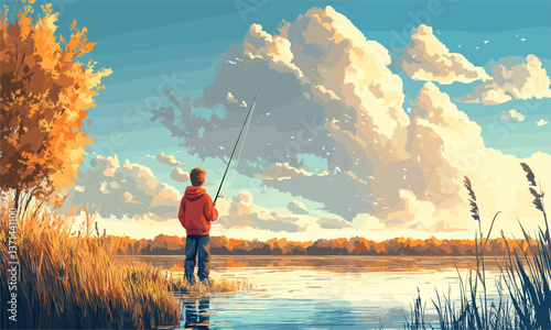 Boy fishing by lake at sunset with autumn colors and dramatic clouds – vector
