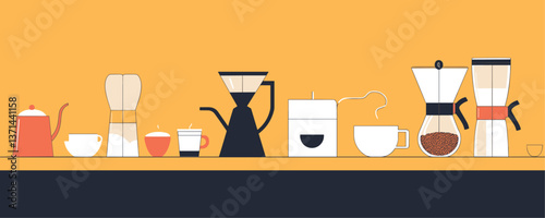 Coffee making equipment set against orange background vector