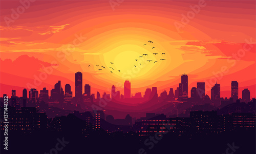 Vibrant urban sunset skyline with flying birds and glowing horizon - vector