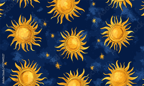 Golden sun patterns on dark blue background vector