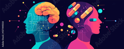 Futuristic brain and medicine concept with human silhouettes and circuitry, vector