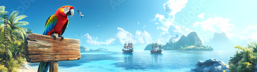 Wallpaper Mural Tropical Paradise: A vibrant macaw perches on a weathered signpost, overlooking a serene tropical lagoon dotted with sailing ships under a clear sky. Torontodigital.ca